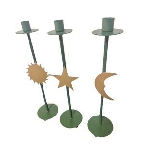 Vintage Celestial Sun Star Moon Gold & Green Tapered Metal Candle Stick Holders
